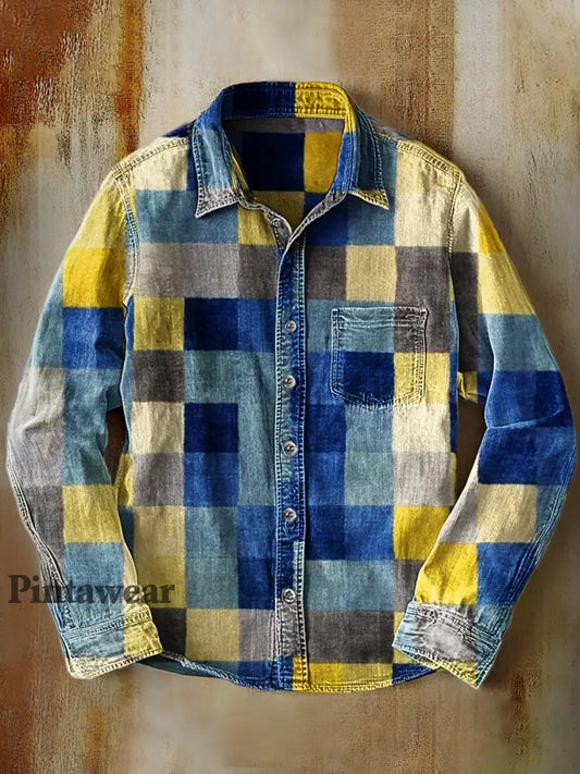 Unisex simple moda retro colorido arte impresión solapa manga larga bolsillo camisa A / S Camisas