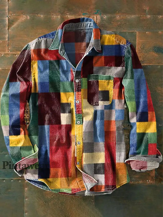 Unisex Simple Rainbow Color Plaid Vintage Impreso Solapa Manga Larga Bolsillo Camisa Colorido / S