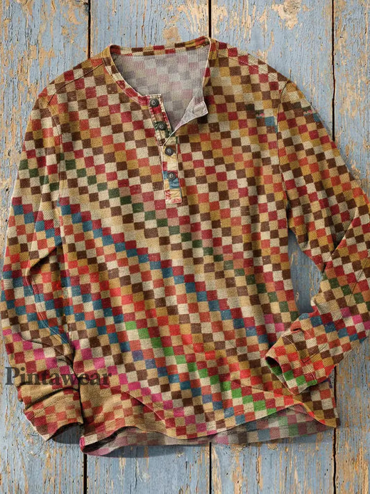 Unisex simple retro occidental colorido arte impresión manga larga moda Henley camisa A / S