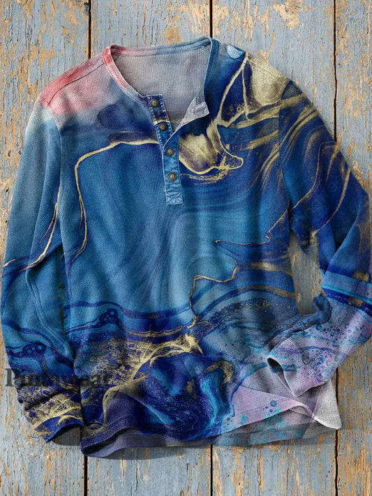 Unisex simple retro occidental colorido arte impresión manga larga moda Henley camisa A / S