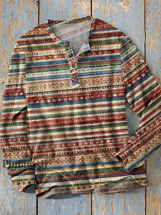 Unisex simple retro occidental colorido arte impresión manga larga moda Henley camisa A / S