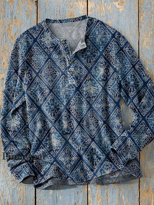 Unisex simple retro occidental colorido arte impresión manga larga moda Henley camisa A / S