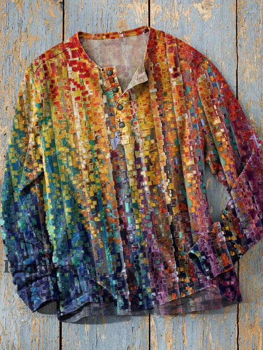 Unisex simple retro occidental colorido arte impresión manga larga moda Henley camisa A / S