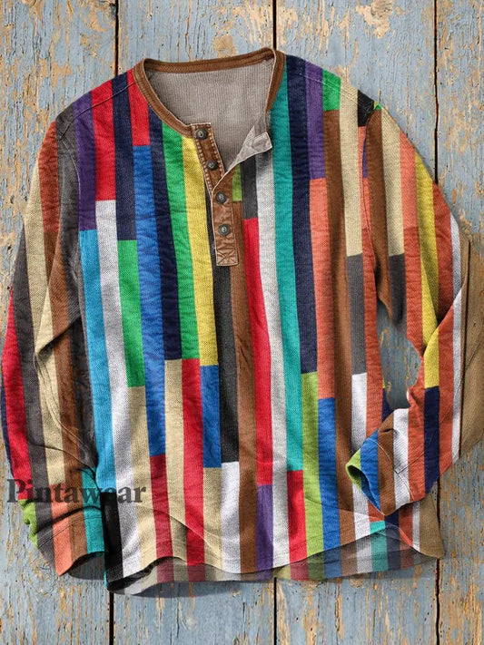 Unisex simple retro occidental colorido arte impresión manga larga moda Henley camisa A / S