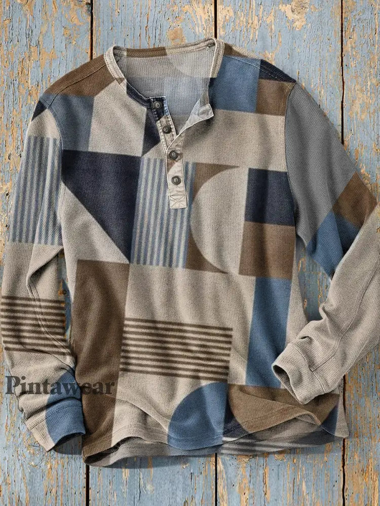 Unisex simple retro occidental colorido arte impresión manga larga moda Henley camisa A / S Camiseta