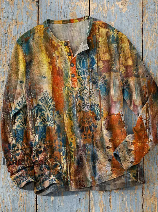 Unisex simple retro occidental colorido arte impresión manga larga moda Henley camisa A / S Camiseta