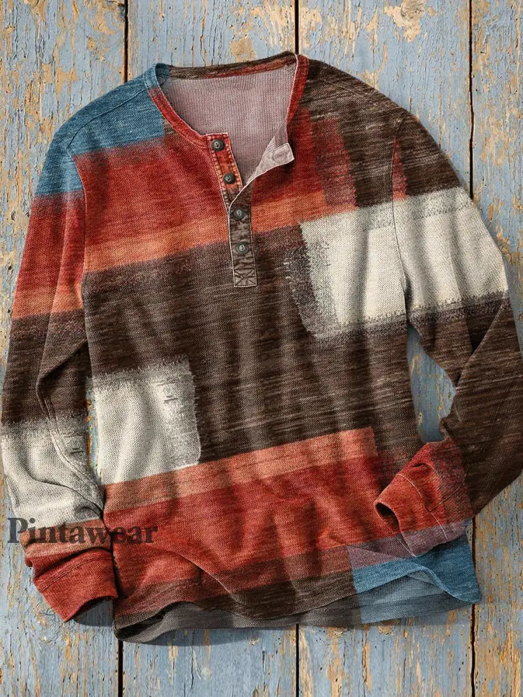 Unisex simple retro occidental colorido arte impresión manga larga moda Henley camisa A / S Camiseta