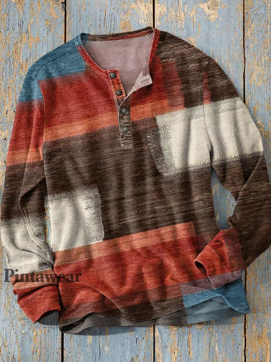 Unisex simple retro occidental colorido arte impresión manga larga moda Henley camisa A / S Camiseta