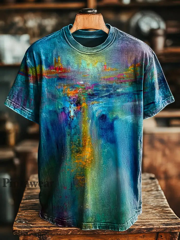 Unisex vintage abstracto cascada pintura impresión casual camiseta suelta colorido / S