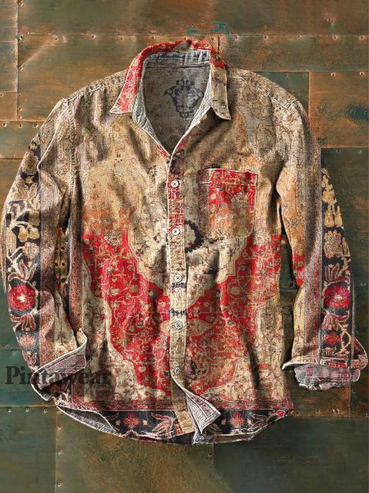 Unisex Vintage étnico degradado geométrico floral impresión de arte solapa de manga larga camisa de bolsillo colorido