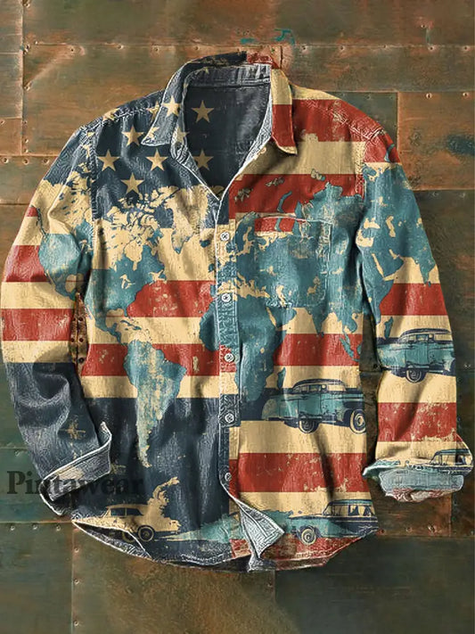 Unisex Vintage mapa rojo y azul raya impreso solapa manga larga bolsillo camisa-1 colorido / S