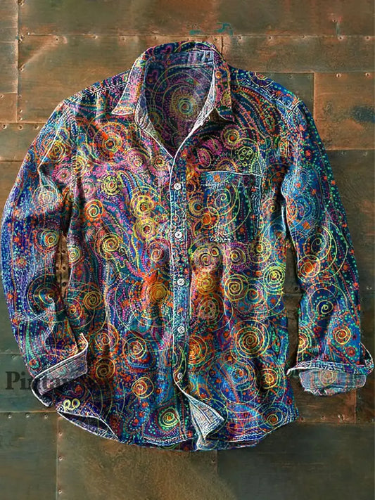 Unisex Vintage Multicolor línea abstracta arte impreso solapa manga larga bolsillo camisa colorido / S