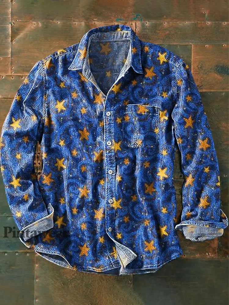 Unisex Vintage Sky Gold Stars Art Print Algodón Solapa Manga Larga Bolsillo Camisa colorido / S