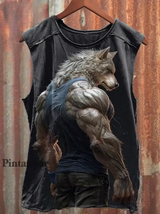 Unisex Wolf Warrior Art Illustration Impreso Casual Tank Top de algodón como imagen / S