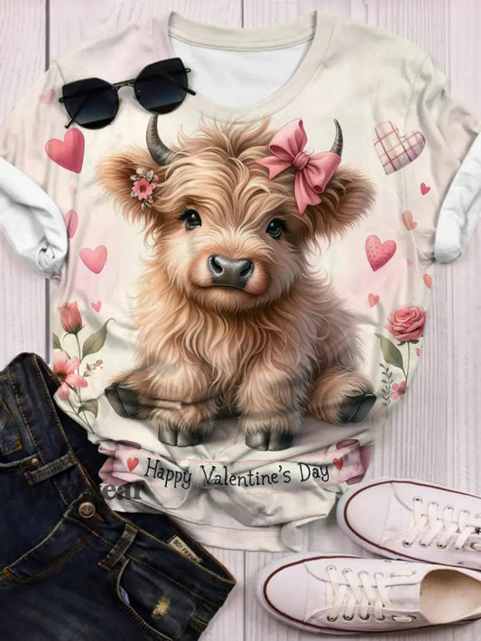 Valentine Baby Highland Cow Crew Neck T-shirt Mixed Color / S Día de San Valentín