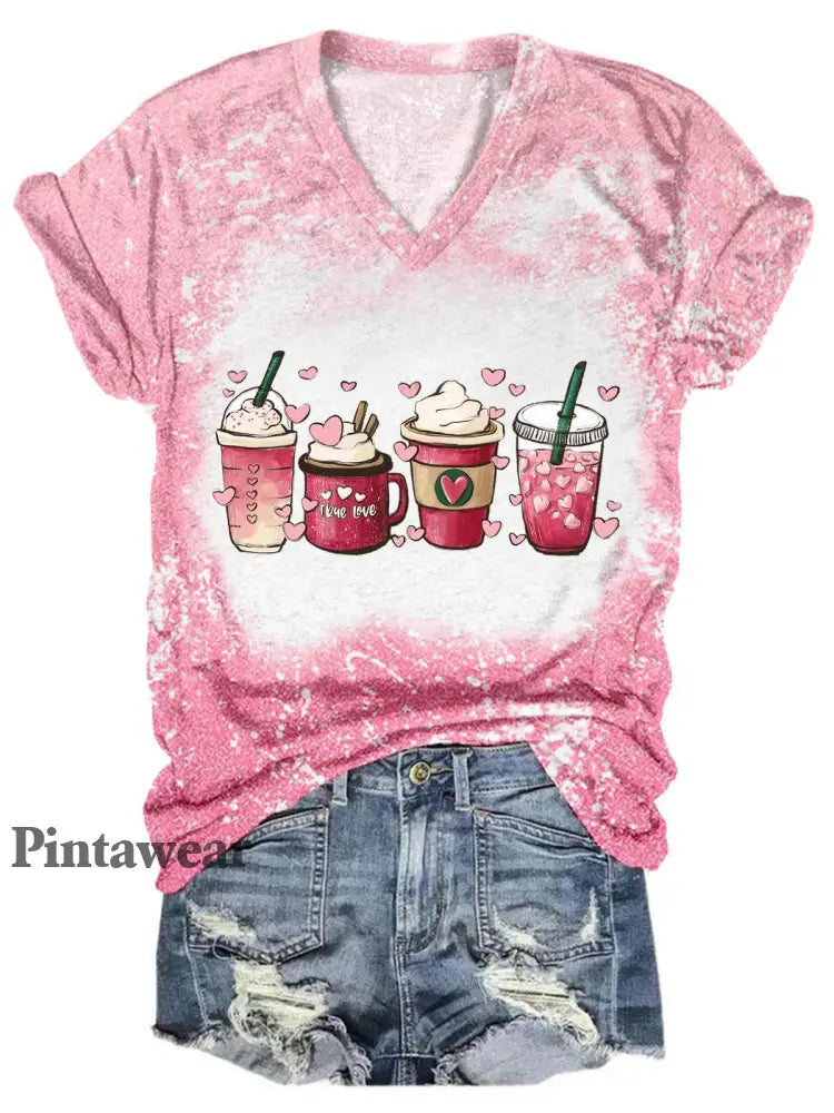 Valentine Coffee Drink V-Neck Tie Dye T-Shirt multicolor / S Día de San Valentín