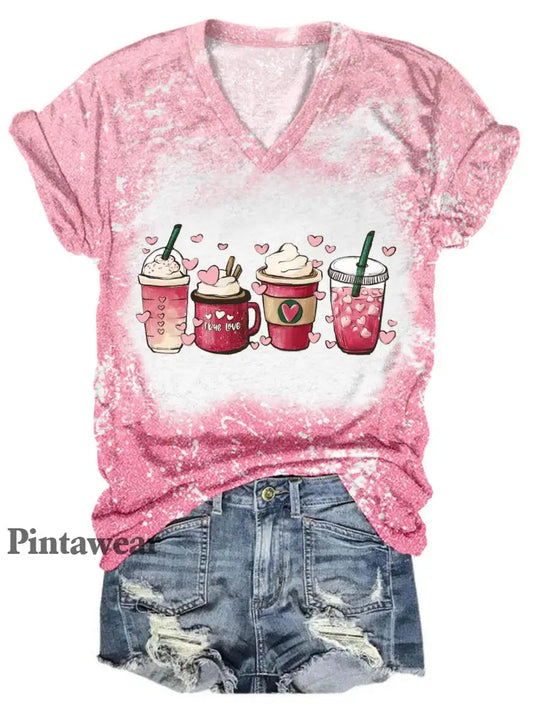 Valentine Coffee Drink V-Neck Tie Dye T-Shirt multicolor / S Día de San Valentín