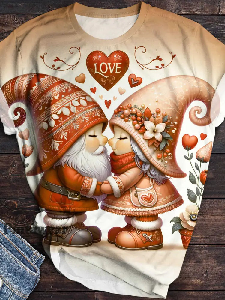 Valentine Love Gnomes Print Crew Neck T-Shirt Orange / S Día de San Valentín
