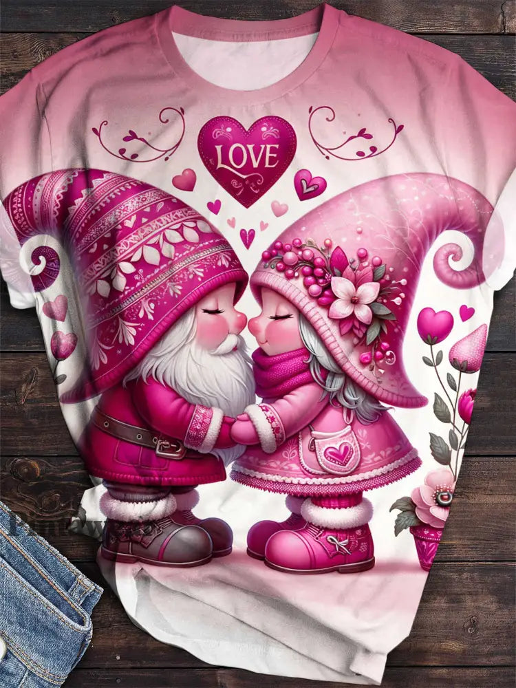 Valentine Love Gnomes Print Crew Neck T-Shirt Rose Pink / S Día de San Valentín