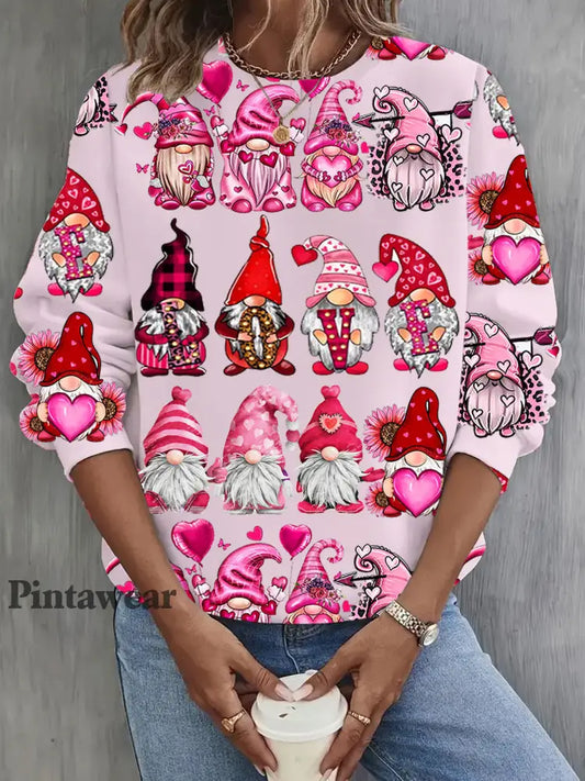 Valentine’s Day Gnome Print Casual Top Mixed Color / S Día de San Valentín