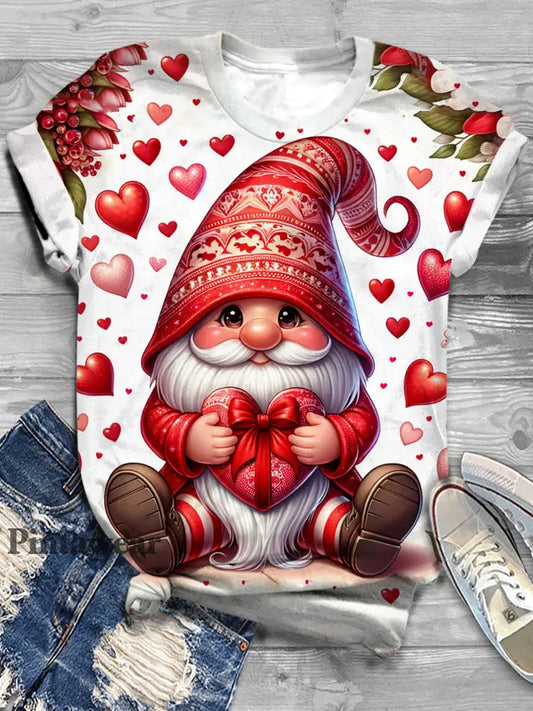 Valentines Day Gnome Print Crew Neck T-Shirt multicolor / S Día de San Valentín
