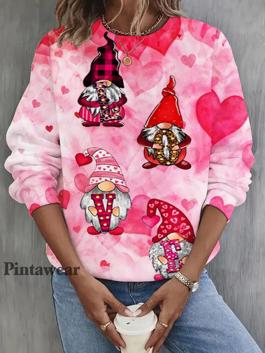 Valentine’s Day Gnome Print Long Sleeve Top Mixed Color / S Día de San Valentín