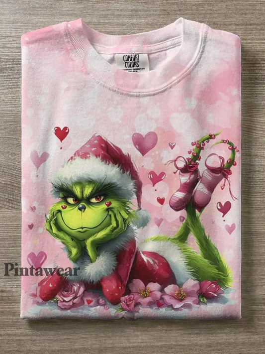 Valentine’s Day Green Cartoon Characters Crew Neck T-shirt Mixed Color / S Día de San Valentín