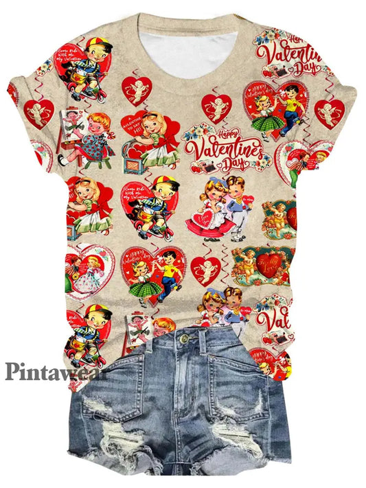 Valentine’s Day Sticker Crew Neck T-shirt Mixed Color / S Día de San Valentín