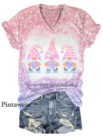 Valentine’s Glitter Gnome V-Neck T-Shirt Multicolor / S Día de San Valentín