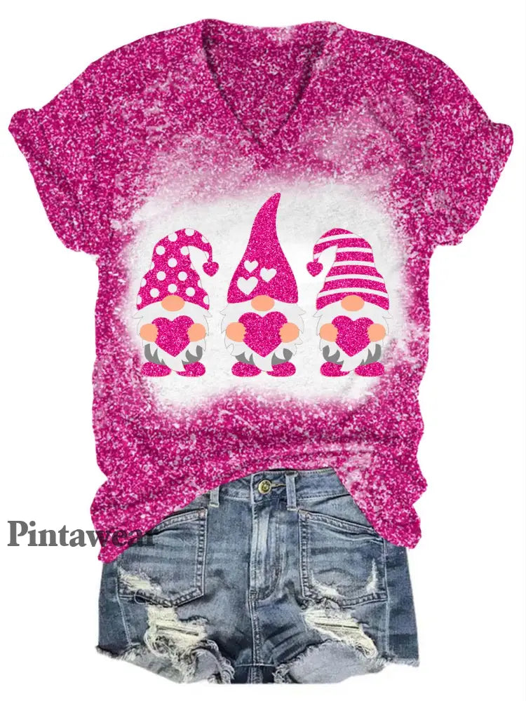 Valentine’s Glitter Gnome V-Neck T-Shirt Rose Red / S Día de San Valentín