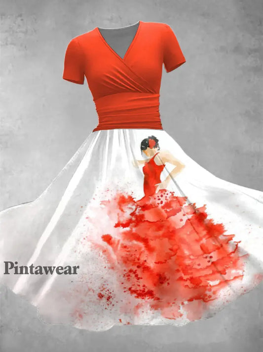 Vestido de manga corta flamenco para mujer como imagen / S