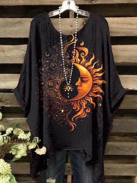 Vintage Abstract Sun and Moon Pattern Crew Neck Top para mujer colorido / S