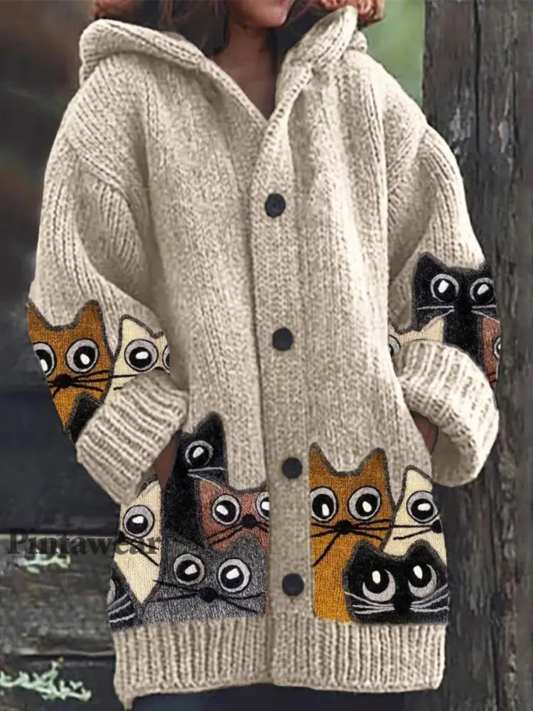 Vintage Animal Art Print botón grueso de manga larga con capucha Cardigan A / S Cardigan