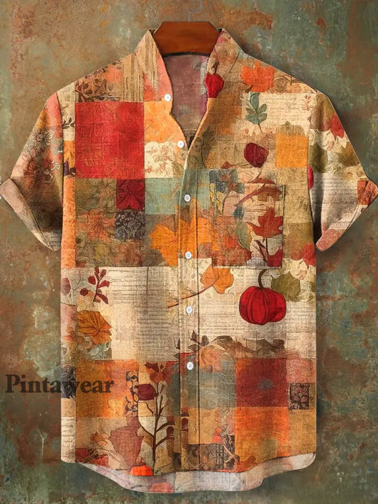 Vintage de los hombres envejecido Plaid pintado Stand Collar manga corta bolsillo Camisa colorido / S