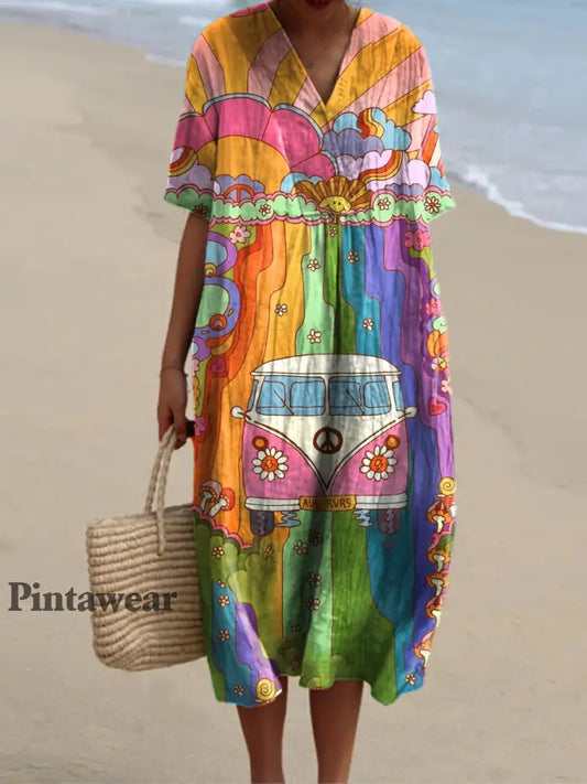 Vintage Hippie impresión V cuello elegante y elegante suelta manga corta vestido de Midi A / S