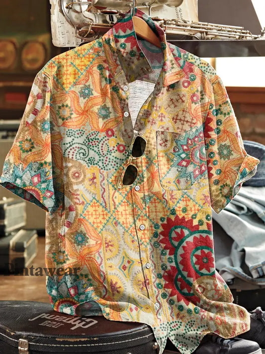 Vintage hombres multicolor geométrica manga corta Henley Camisa colorido / S