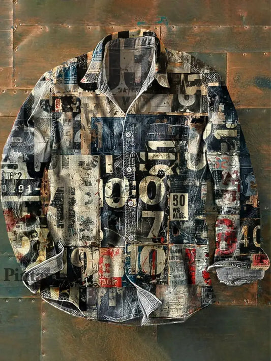 Vintage País Digital Periódico Arte Imprimir Manga Larga Bolsillo Camisa de los hombres colorido / S