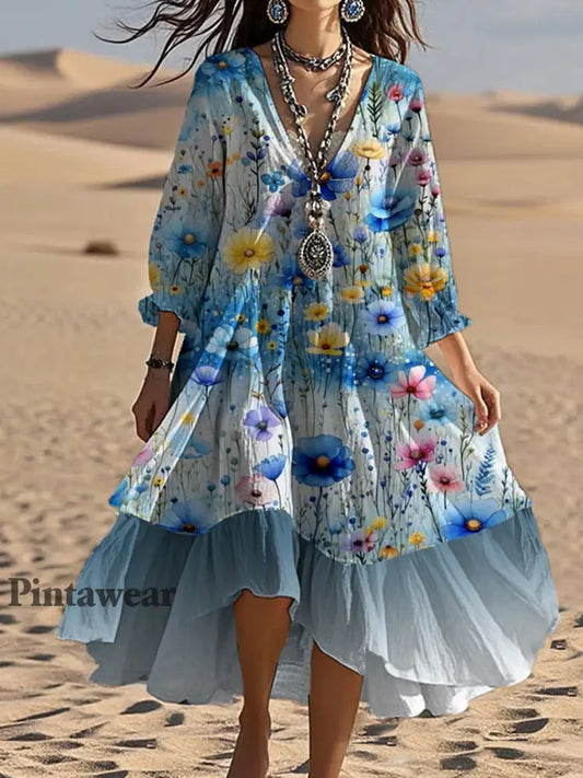 Vintage V-cuello bohemio estampado floral elegante vestido suelto Midi A / S