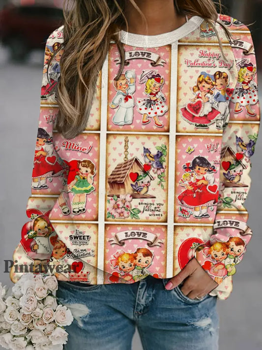 Vintage Valentine’s Day Print Casual Top Mixed Color / S Día de San Valentín