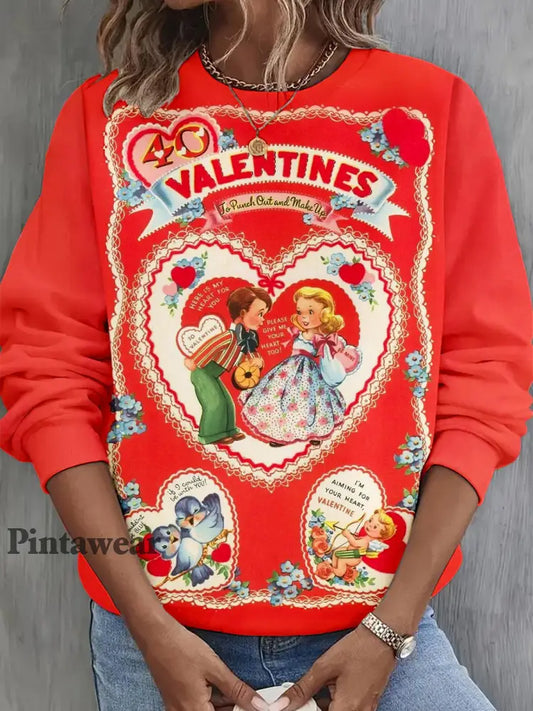 Vintage Valentines Long Sleeve Casual Top Mixed Color / S Día de San Valentín