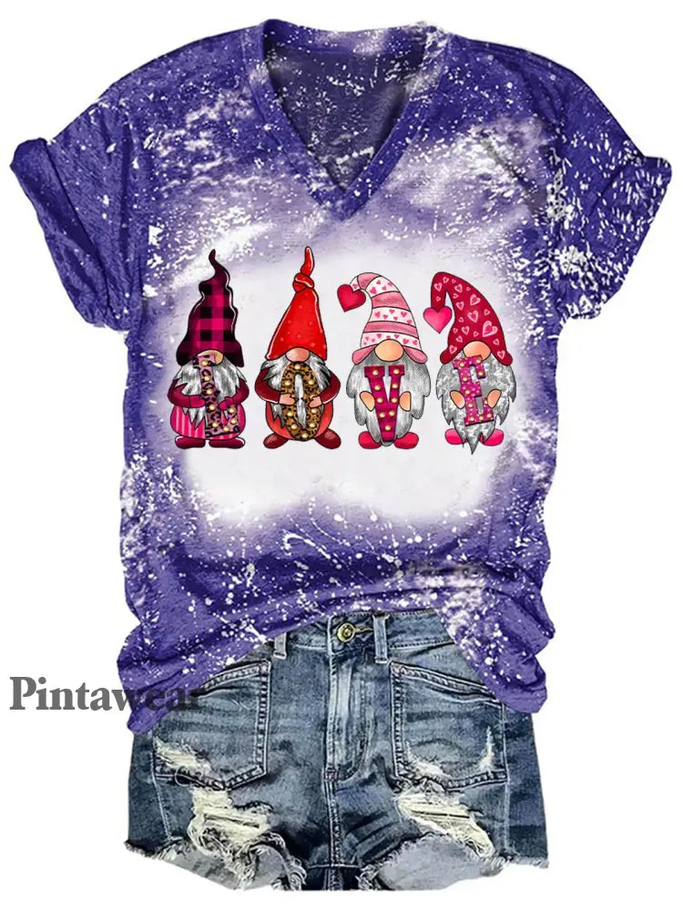 Women’s Gnome Print Valentine’s T-Shirt Blue / S Día de San Valentín