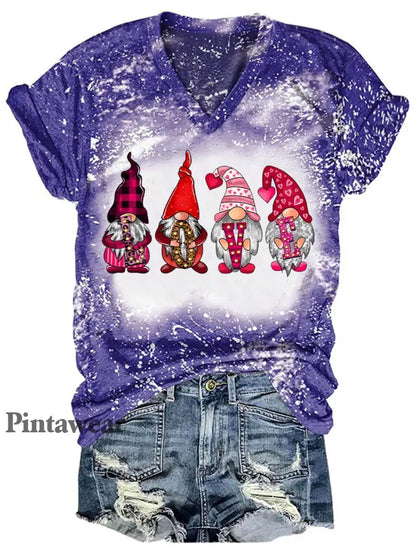 Women’s Gnome Print Valentine’s T-Shirt Blue / S Día de San Valentín