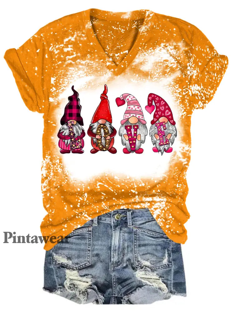 Women’s Gnome Print Valentine’s T-Shirt Orange / S Día de San Valentín