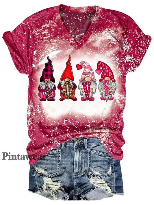 Women’s Gnome Print Valentine’s T-Shirt Red / S Día de San Valentín