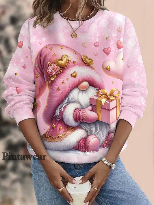 Women’s Heart Gnome Round Neck Long Sleeve Top multicolor / S Día de San Valentín