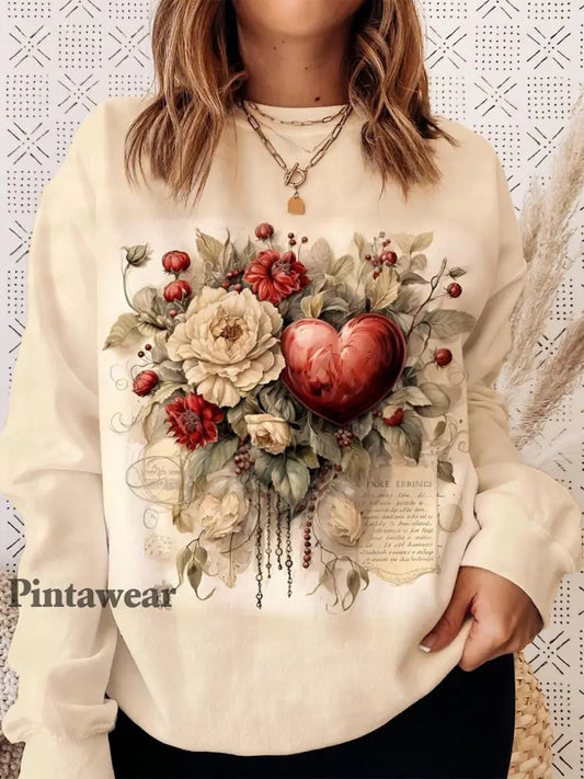 Women’s Vintage Floral Heart Print Round Neck Long Sleeve Top Khaki / S Día de San Valentín