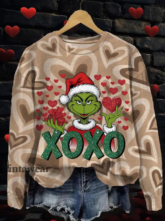 Xoxo Green Monter Valentines Printed Long Sleeve Casual Top Mixed Color / S Día de San Valentín